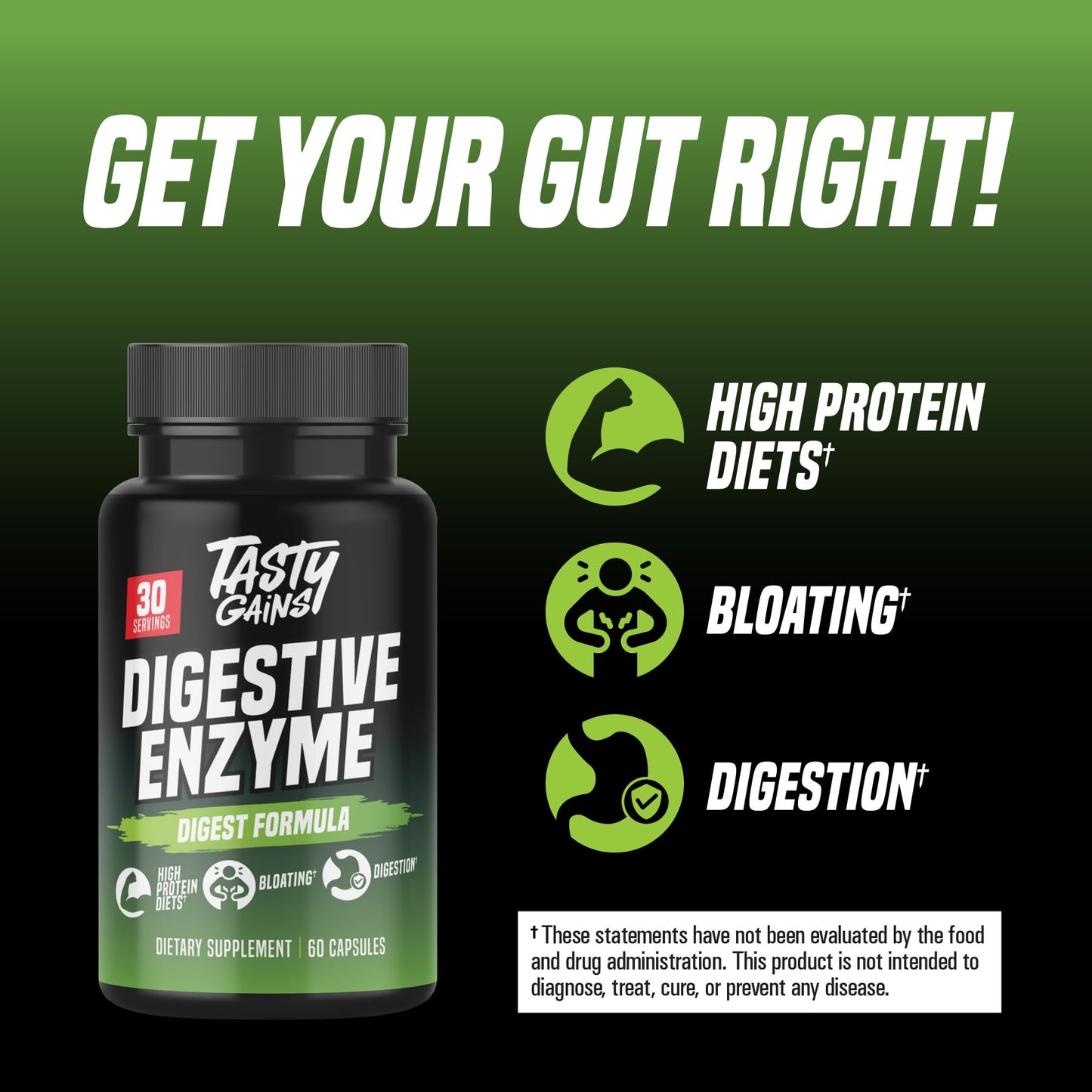 TASTY GAINS Digestive Enzymes – Gut Health & Bloating Relief (60 Capsules)