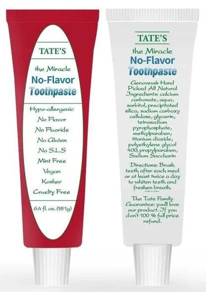 Tate's No Flavor Fluoride-Free Toothpaste – All-Natural, Cavity Protection (Pack of 2)