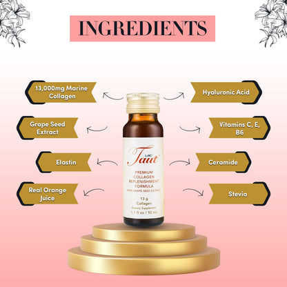 TAUT Liquid Collagen for Women – 13,000mg Marine Collagen + Hyaluronic Acid (8 Bottles)