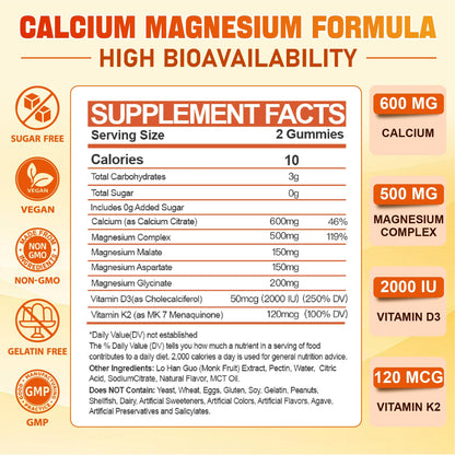 Calcium Magnesium Gummies 600 mg + D3 & K2 – 120 ct | Tcemundry