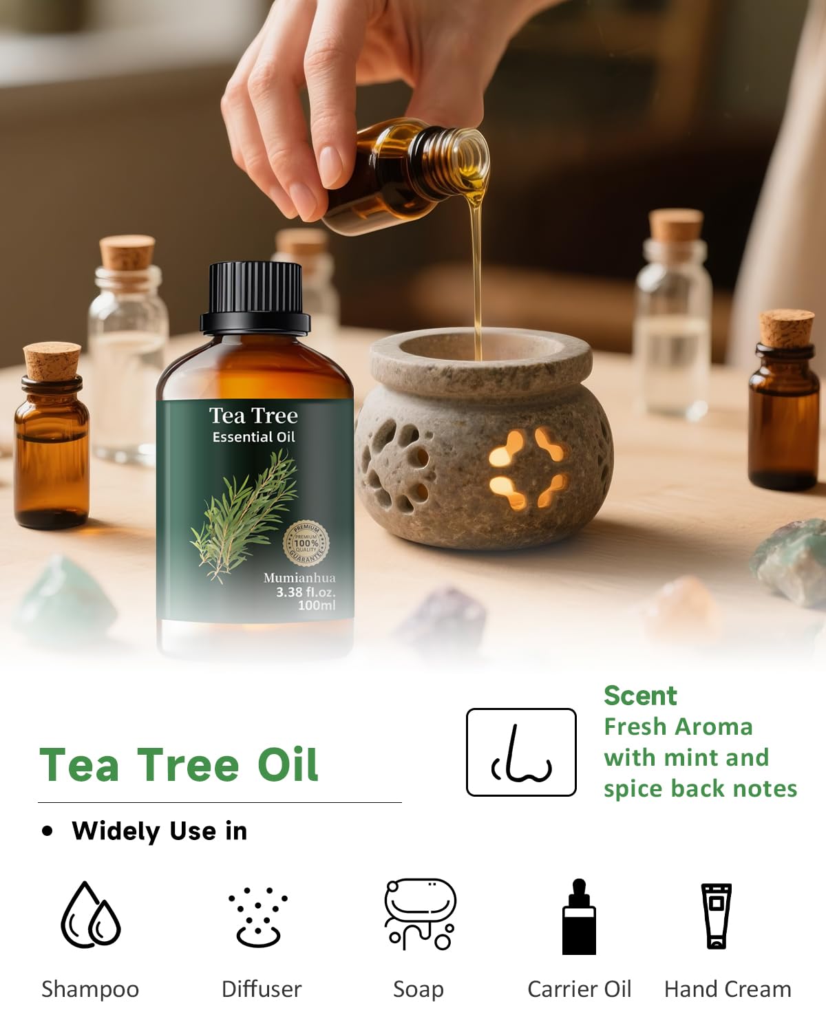 Tea Tree Essential Oil Pure Mumianhua – Natural Tea Tree Oil for Diffuser, Skin, Hair & DIY 3.38 Fl Oz
