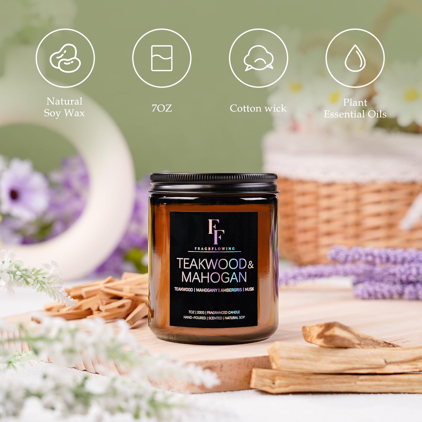 Teakwood & Mahogany Candle – 7oz Soy Wax Scented Aromatherapy Gift
