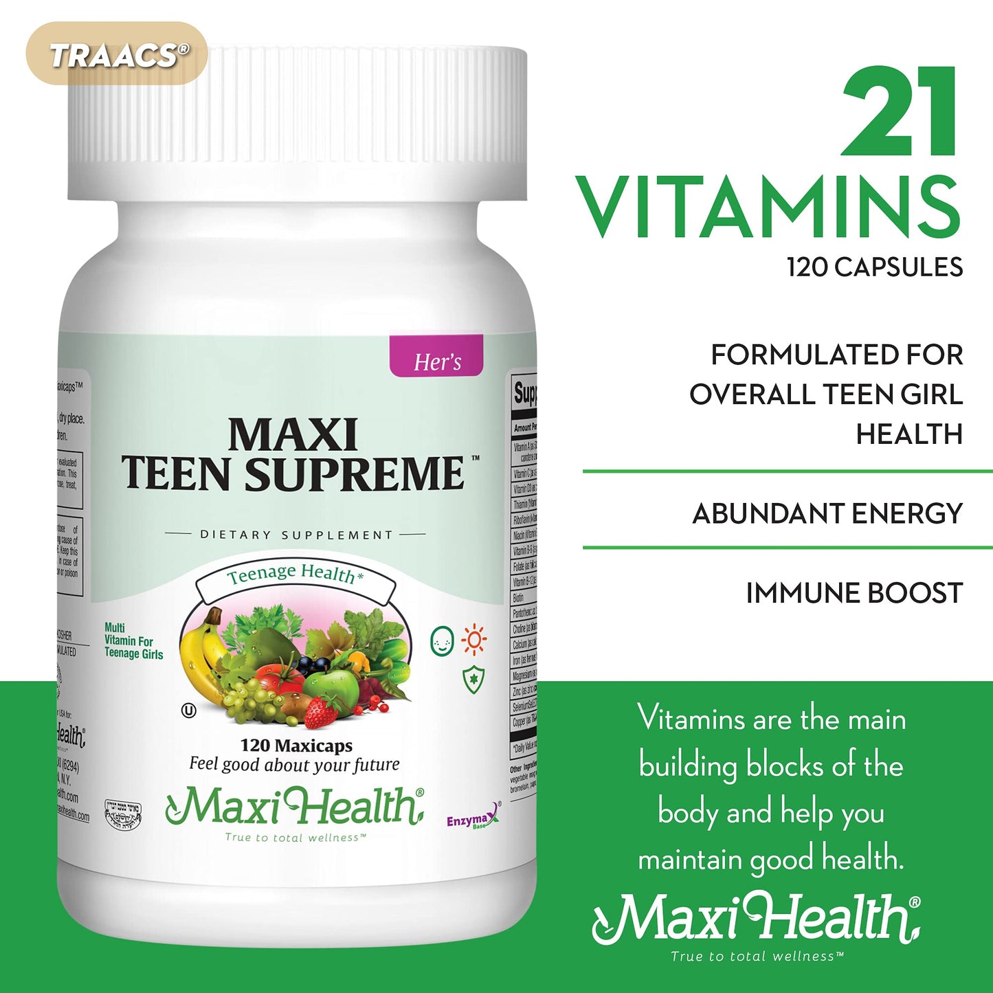 Teen Vitamins for Girls 12-17 | Multivitamin with D3, Iron, Calcium, Biotin & Zinc
