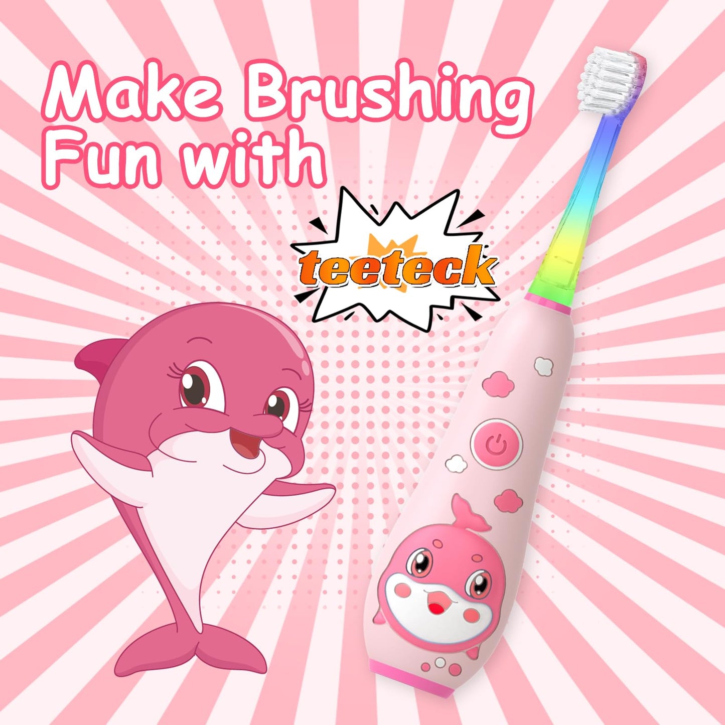 teeteck Kids Electric Toothbrush Pink - Magnetic Charging, 2 Brush Heads, USB Cable | Ages 1-6