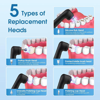 Tooth Polisher with LED Light - 5 Speed Modes, Teeth Cleaning Kit & 5 Replacement Brush Heads