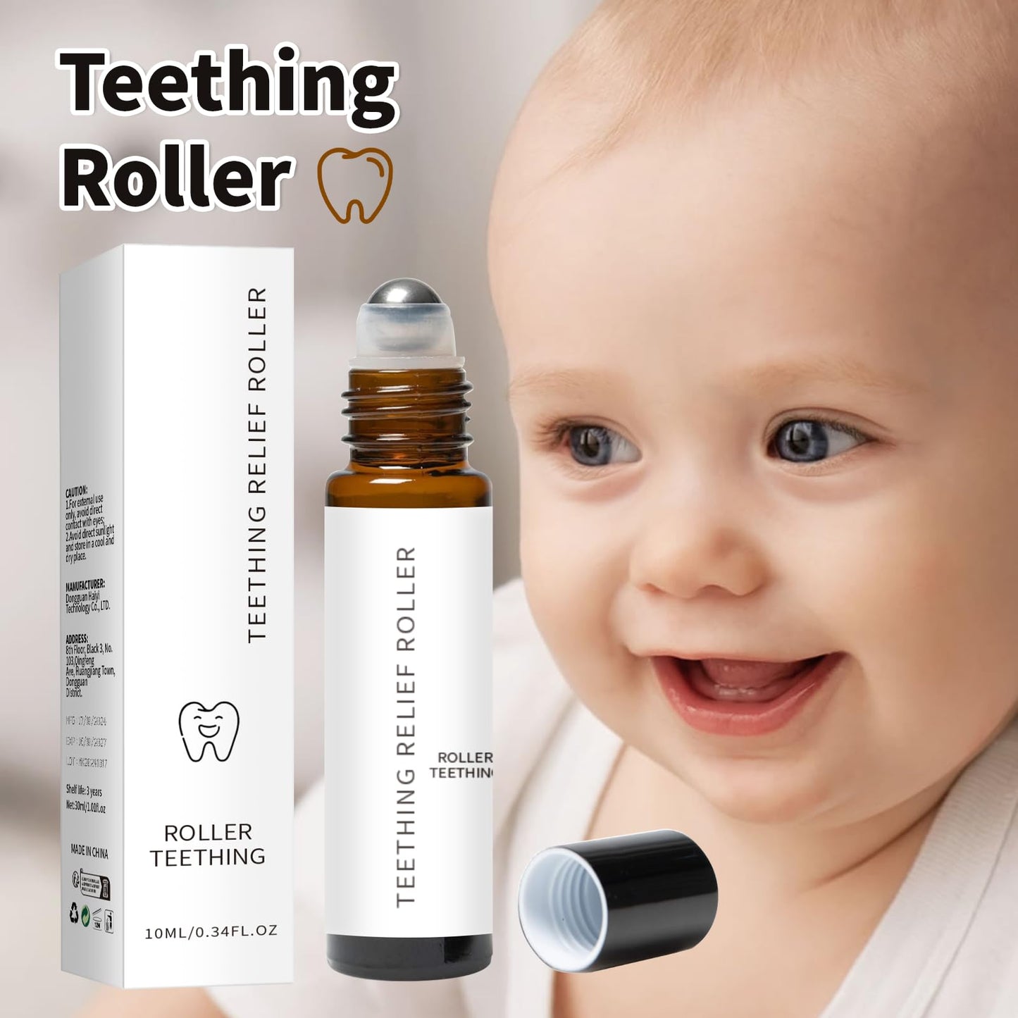 Teething Roller for Babies – All Natural Gum Relief with Chamomile & Rose Oil (4x10ml)