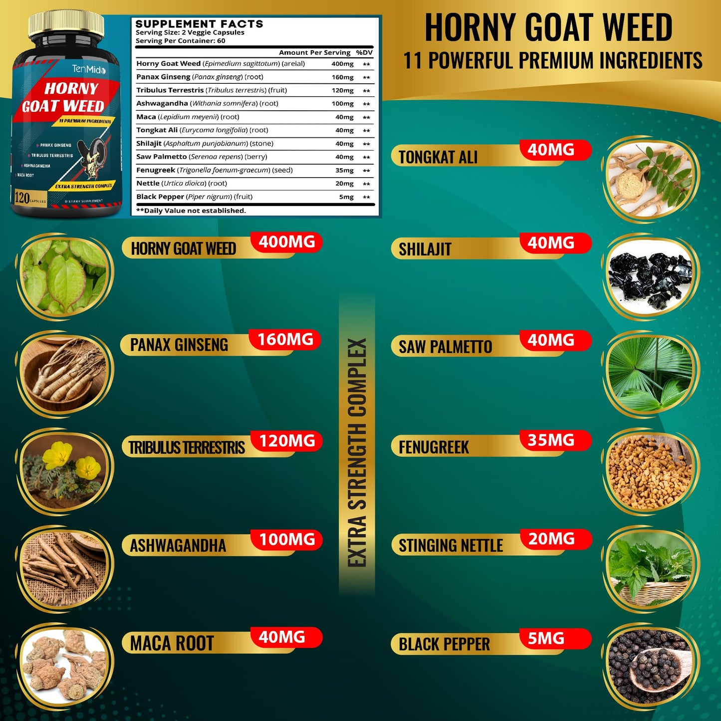 Tenmido Horny Goat Weed Extract Capsules 10000mg – Ginseng, Tribulus, Ashwagandha, Maca, Tongkat, 120 Caps
