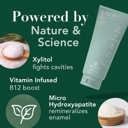 Terra & Co. Gentle Green Micro-Hydroxyapatite Toothpaste for Sensitive Teeth – USA-Made, Fluoride-Free, Vitamin B12, Mint, 3.4 oz