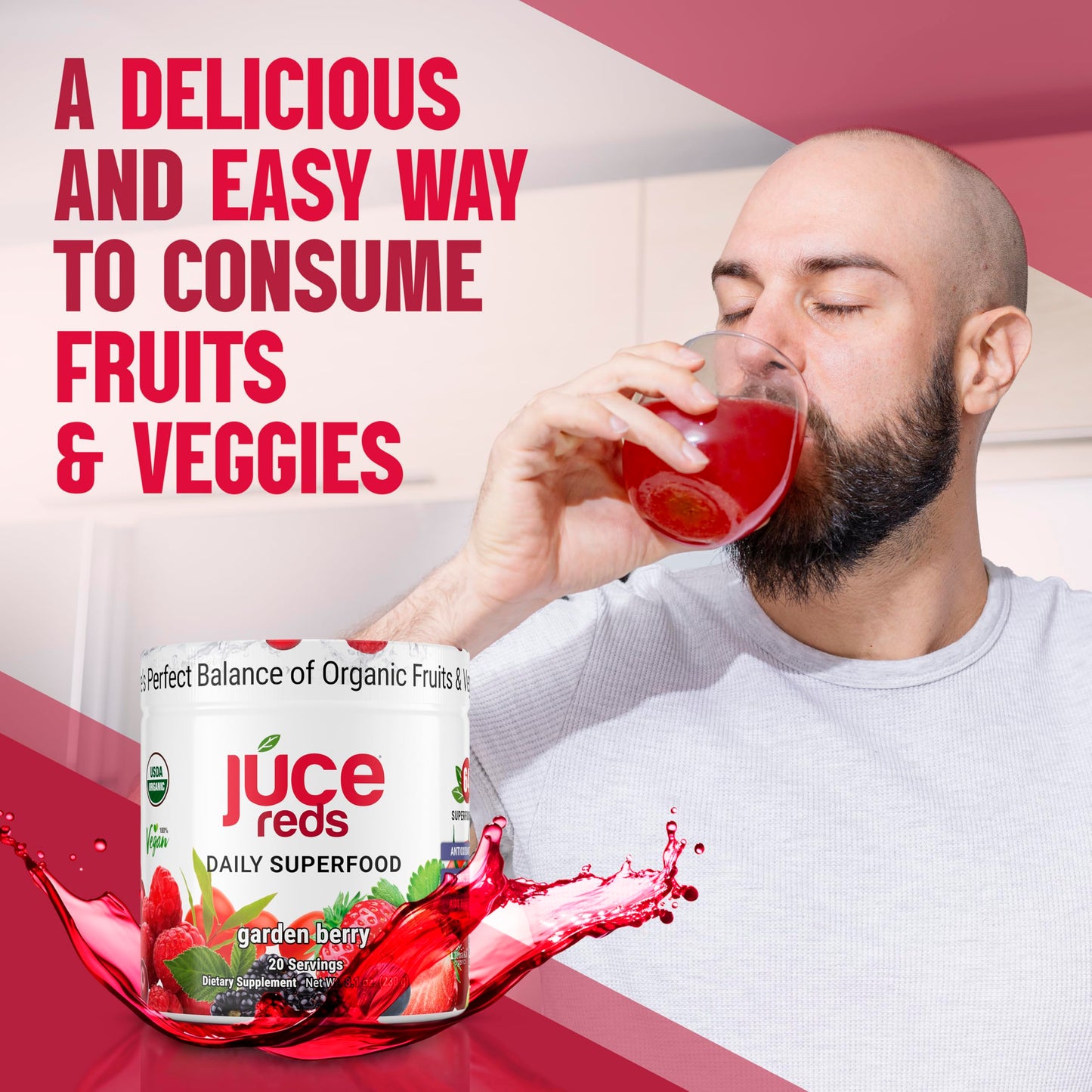 Terra Kai Organics JUCE Reds Organic Superfood Powder – Garden Berry Flavor | 20 Servings (230g)