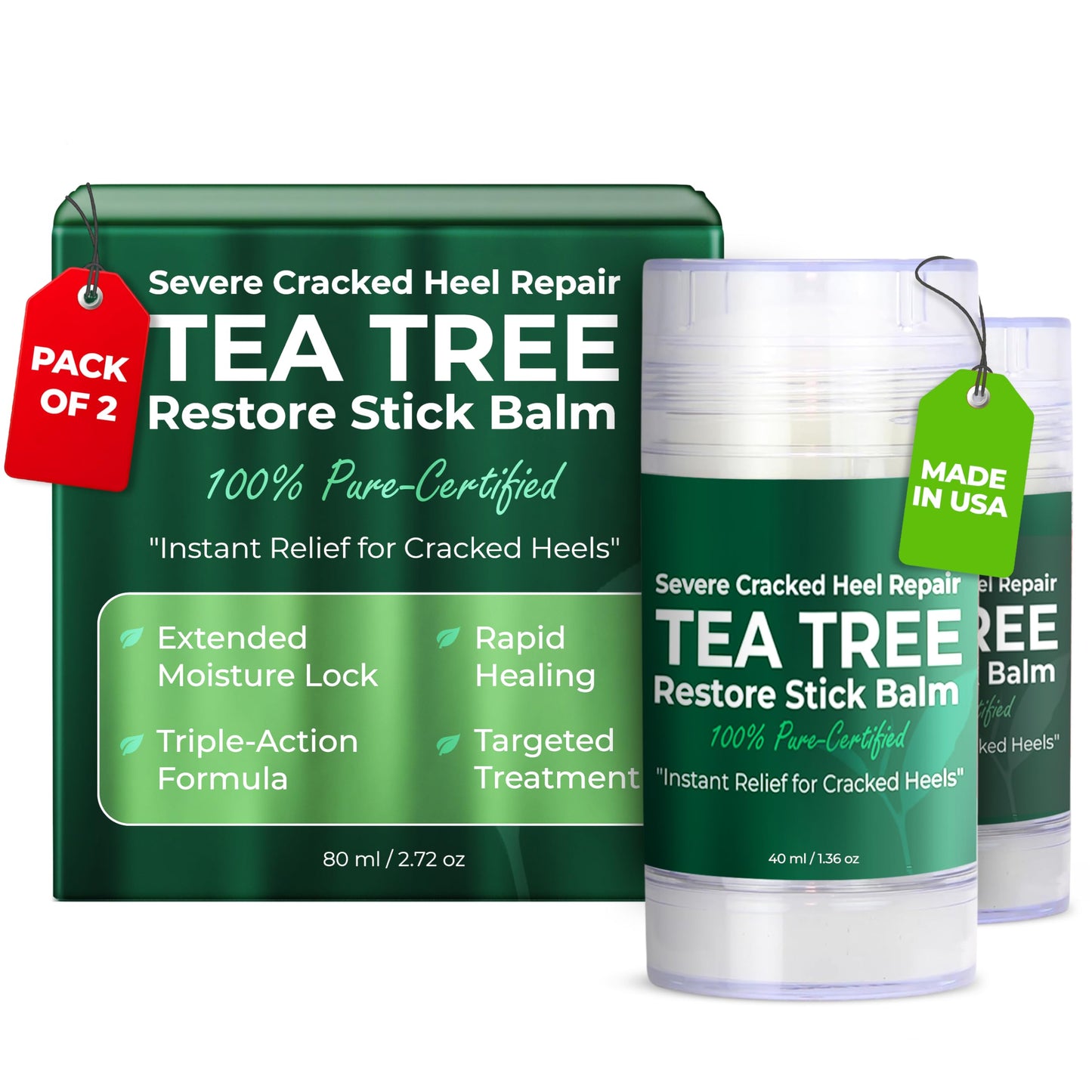 Terramed Just Think Comfort Foot Balm Stick for Dry Cracked Feet | Intensive Moisturizing | No Mess Applicator | 2 Pack