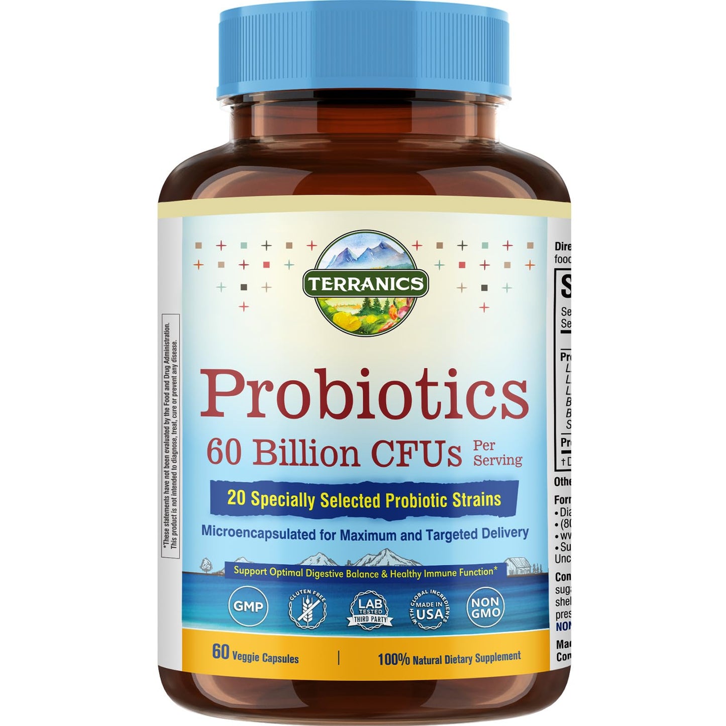 Terranics Probiotics 60 Billion CFU – 20 Strains, 60 Veg Capsules | Non-GMO, Soy/Dairy/Gluten Free