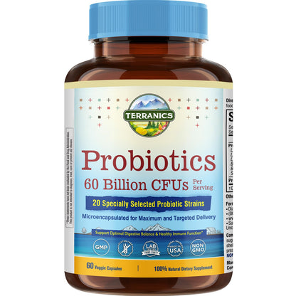 Terranics Probiotics 60 Billion CFU – 20 Strains, 60 Veg Capsules | Non-GMO, Soy/Dairy/Gluten Free