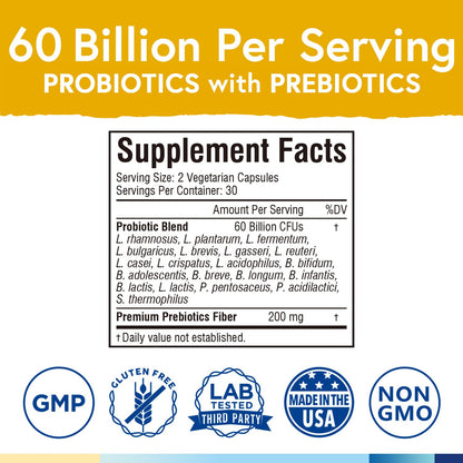 Terranics Probiotics 60 Billion CFU – 20 Strains, 60 Veg Capsules | Non-GMO, Soy/Dairy/Gluten Free