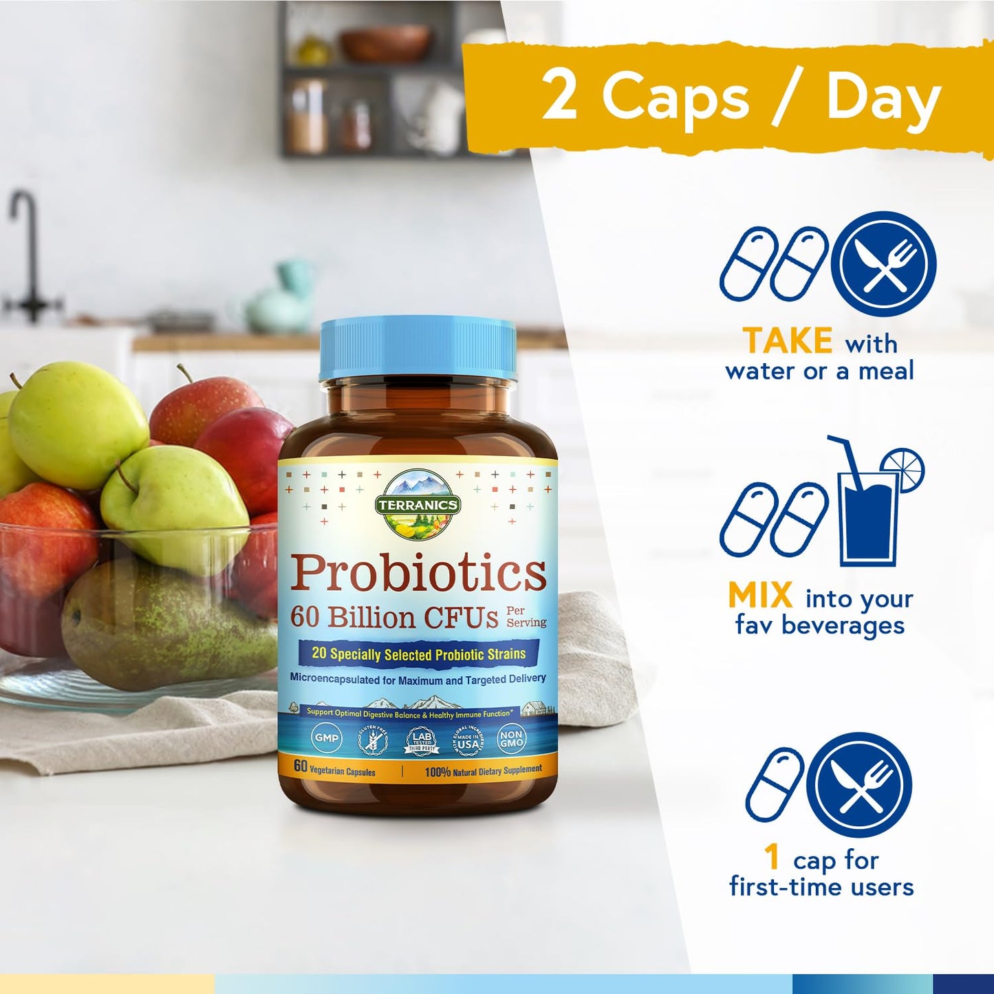 Terranics Probiotics 60 Billion CFU – 20 Strains, 60 Veg Capsules | Non-GMO, Soy/Dairy/Gluten Free