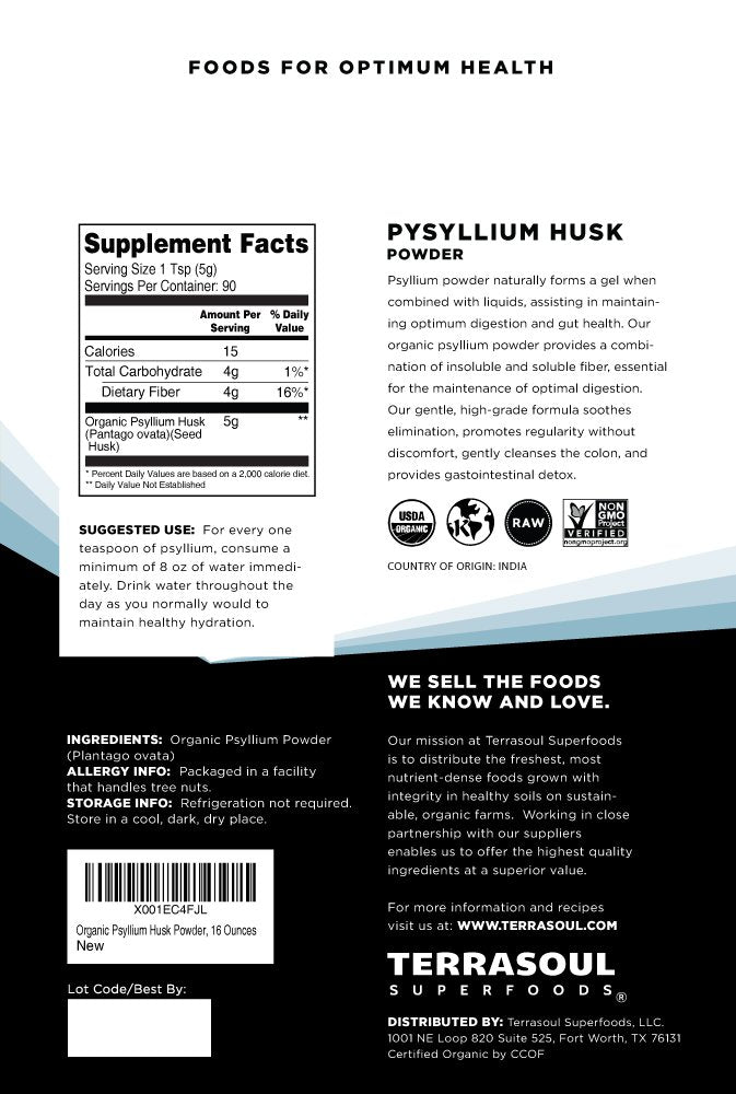 Terrasoul Organic Psyllium Husk Powder, 1 lb – Superfine, 99% Purity, Gluten-Free Baking