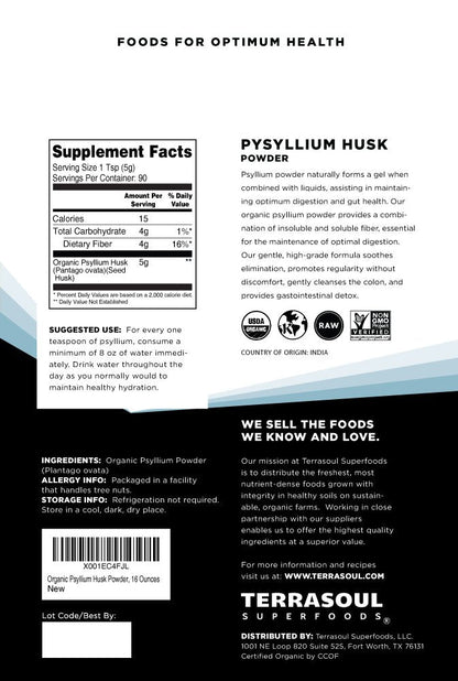 Terrasoul Organic Psyllium Husk Powder, 1 lb – Superfine, 99% Purity, Gluten-Free Baking