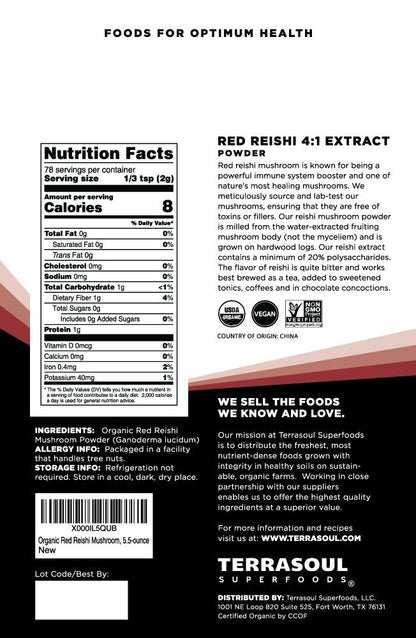 Terrasoul Reishi Mushroom Powder 4:1 Extract – 11 oz (2 Pack) – Organic
