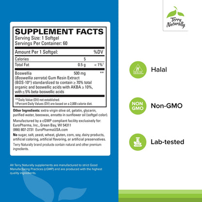 Terry Naturally BosMed 500 – Boswellia Serrata Extract Supplement for Everyday Wellness | 60 Softgels