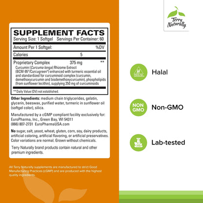 Terry Naturally CuraMed 375mg – Antioxidant Curcumin with Turmeric Essential Oil | Brain, Immune & Liver Support | 60 Softgels