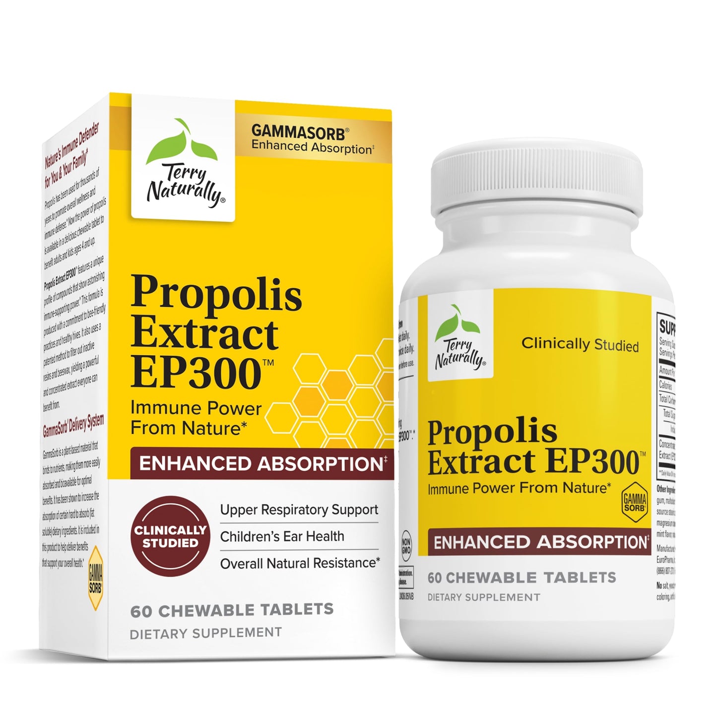 Terry Naturally Propolis Extract EP300 – Upper Respiratory & Immune Support | Non-GMO Propolis | 60 Chewable Tablets