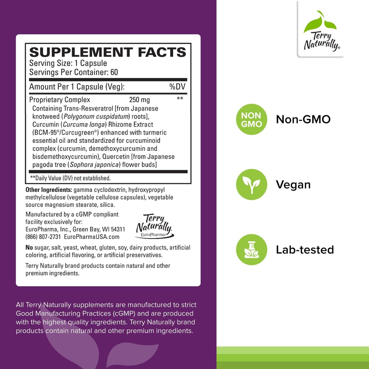 Terry Naturally Resveratrol Complex – Antioxidant Supplement with Quercetin & Curcumin – Vegan, Non-GMO, Gluten-Free – 60 Capsules (60 Servings)
