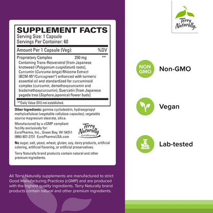 Terry Naturally Resveratrol Complex – Antioxidant Supplement with Quercetin & Curcumin – Vegan, Non-GMO, Gluten-Free – 60 Capsules (60 Servings)