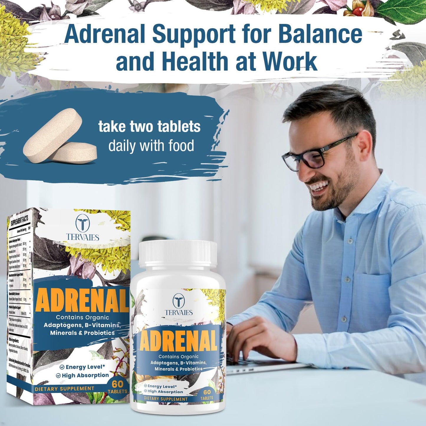 Tervaies Adrenal Support Adaptogen Supplements – Rhodiola, Ashwagandha, Holy Basil & Eleuthero | 120 Vegan Tablets