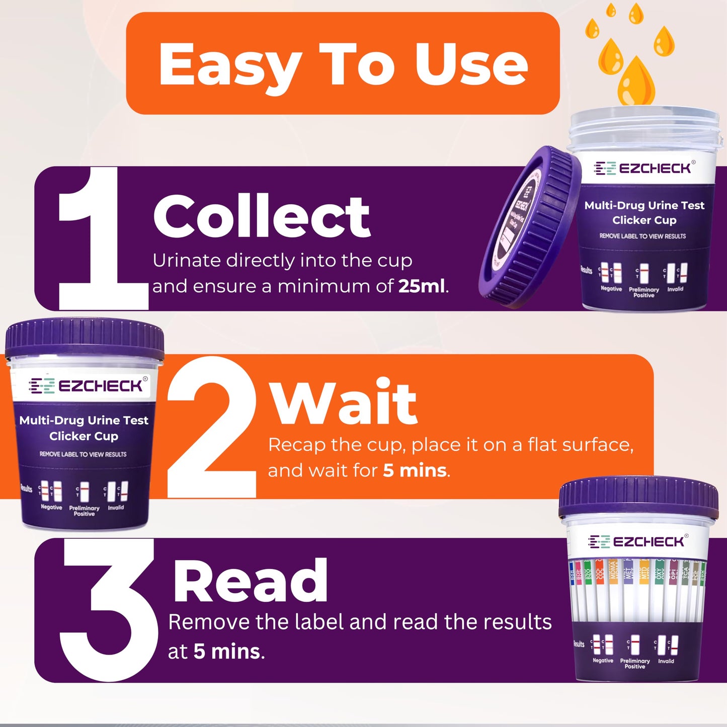 5 Test Cups 14-Panel EZCHECK Urine Test Cup – At-Home Drug Test, 14 Substances, 5-Min Results