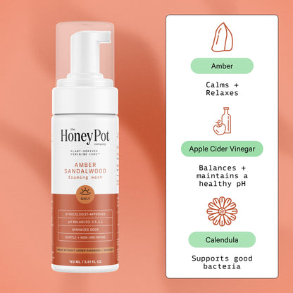 The Honey Pot Company - Amber Sandalwood Feminine Wash for Sensitive Skin | pH Balanced, Plant-Based Hygiene