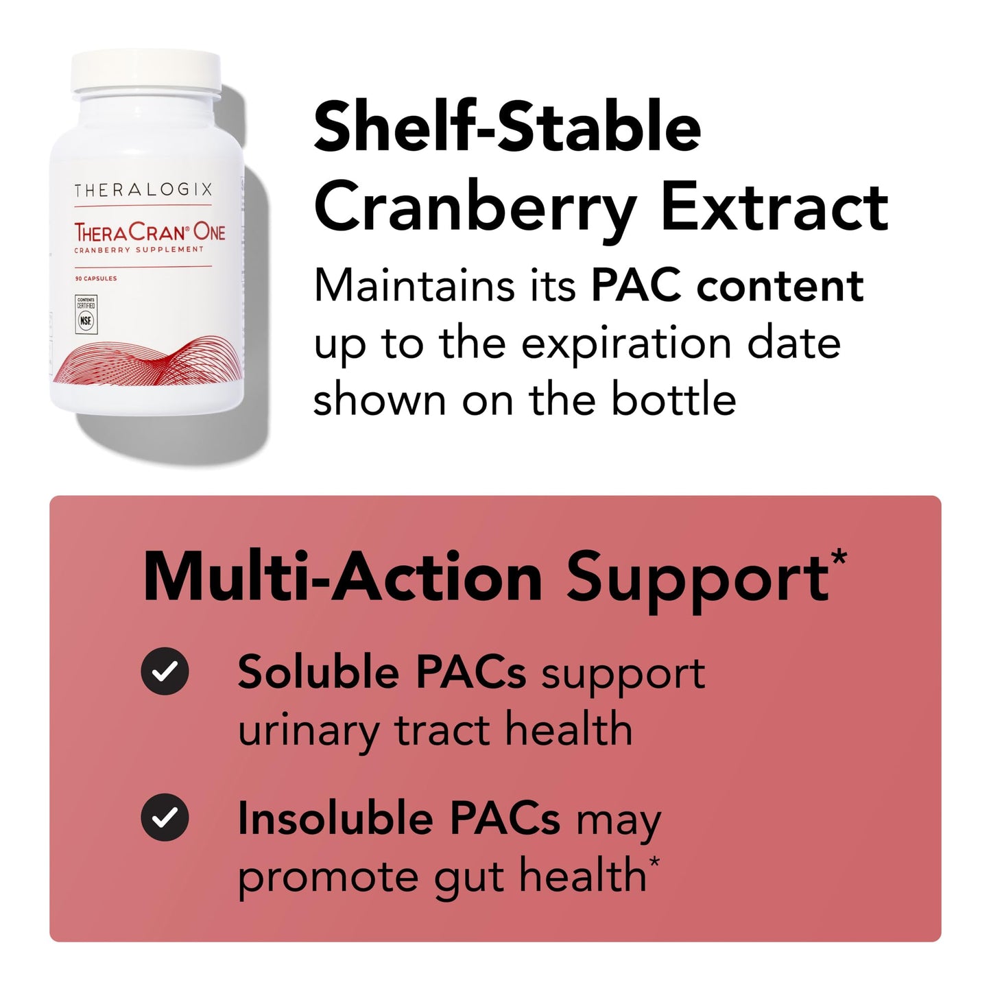 Theralogix TheraCran One Cranberry Capsules – 90-Count, NSF Certified, 36 mg Soluble PACs per Capsule | Urinary Tract Support