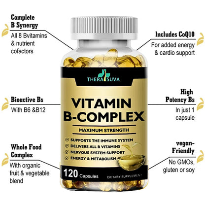 TheraSuva Vitamin B-Complex + CoQ10 + Vitamin C – Max Strength, 120 Softgels, 60 Day Supply