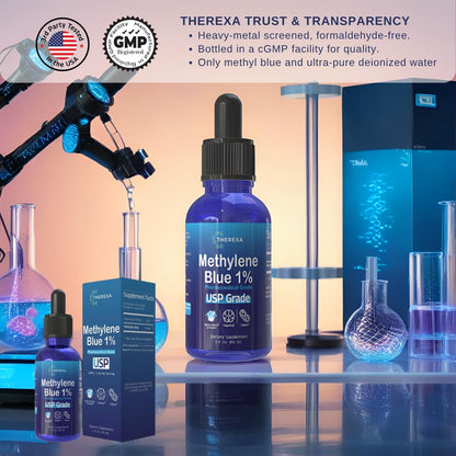 THEREXA Methylene Blue 1% Drops – USP Grade, 10 mg/mL, Formaldehyde-Free, cGMP Bottled (2 fl oz)