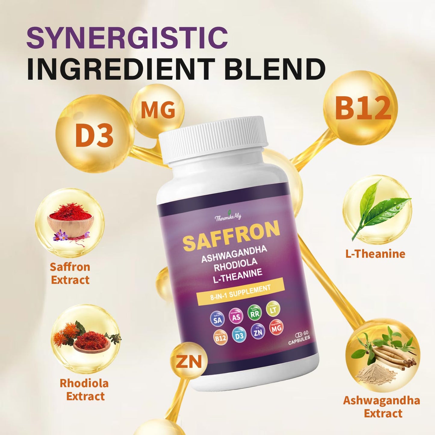Theronika Aly Saffron Supplements – 88.5 mg Saffron Extract, Vegan Capsules for Mood, Energy & Focus (60 ct)