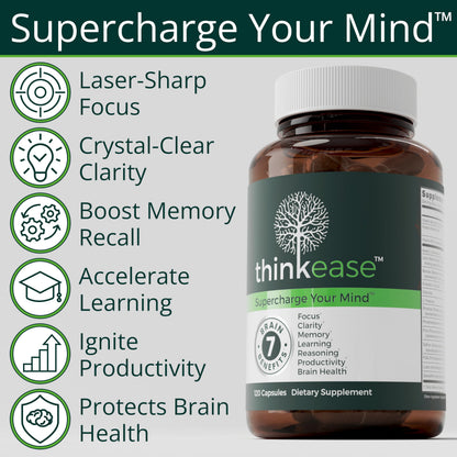 ThinkEase Brain Supplement (120 Capsules) | Memory, Mental Clarity, Focus, Cognitive Performance | Nootropic Supplement with L-Theanine, Acetyl L-Carnitine, Phosphatidylserine, Lion's Mane & More