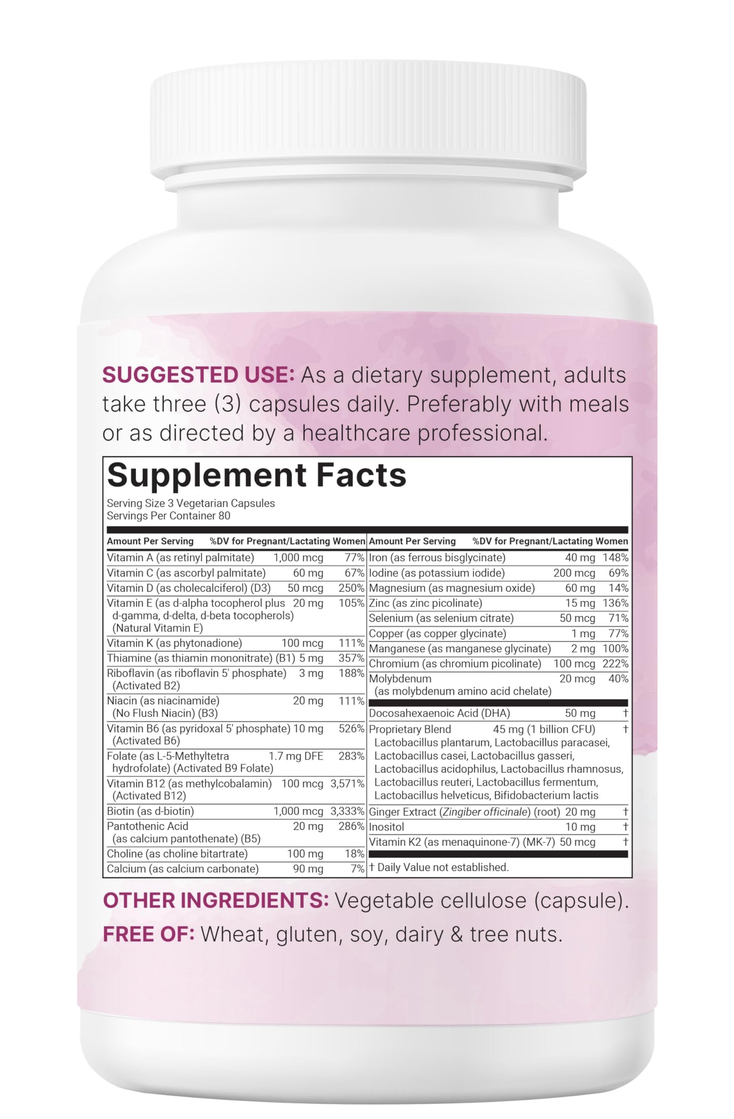Pure Methylated Prenatal Vitamins for Women — 240 Veggie Capsules | 38 Vital Nutrients with DHA, Choline, Probiotics, Ginger, Inositol, & Methylfolate + Iron | No Fillers