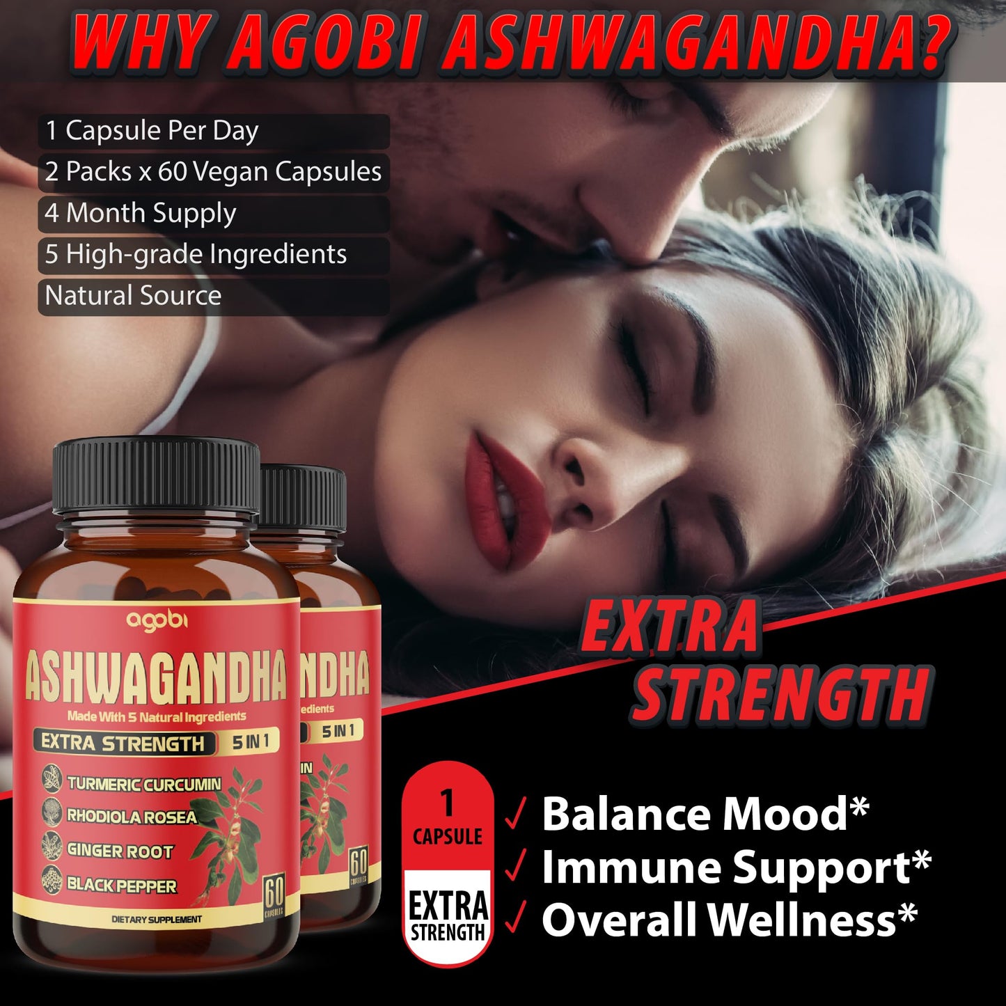 2 Packs – 60 Capsules Each: Ashwagandha 5-in-1 Formula with Turmeric, Rhodiola, Ginger & Black Pepper | 4 Month Supply