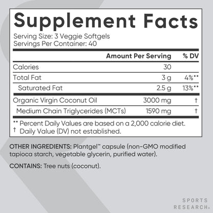 Sports Research Organic Coconut Oil Capsules 3000MG - Cold Pressed MCTs - 120 Softgels