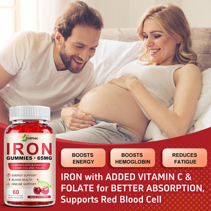 Iron Gummies 65mg Iron + Vitamin C 250mg | For Women, Men & Kids – Cherry (60 Count)
