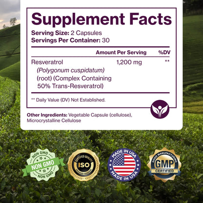 Pure Resveratrol Supplement - Extra Strength 600mg Trans-Resveratrol | 60 Vegan Caps | Heart, Cognitive & Immune Support
