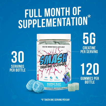 Creatine Monohydrate Gummies 5g Dose – Made in USA, Vegan, Gluten Free | Bluerazz Blast 120 Gummies