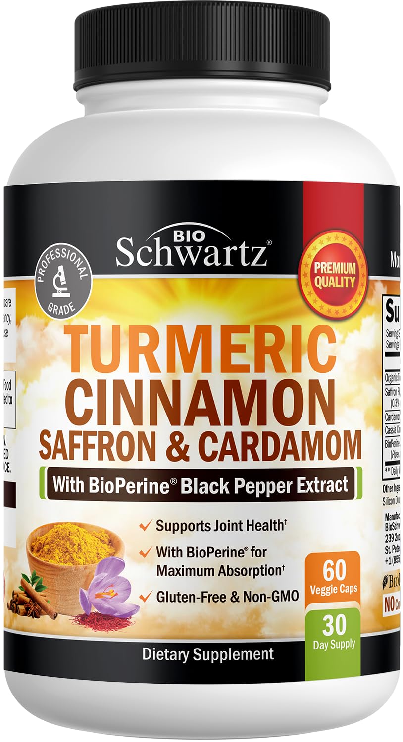 Turmeric Curcumin with Saffron, Cinnamon & Cardamom + BioPerine – Joint Support, 60 Capsules