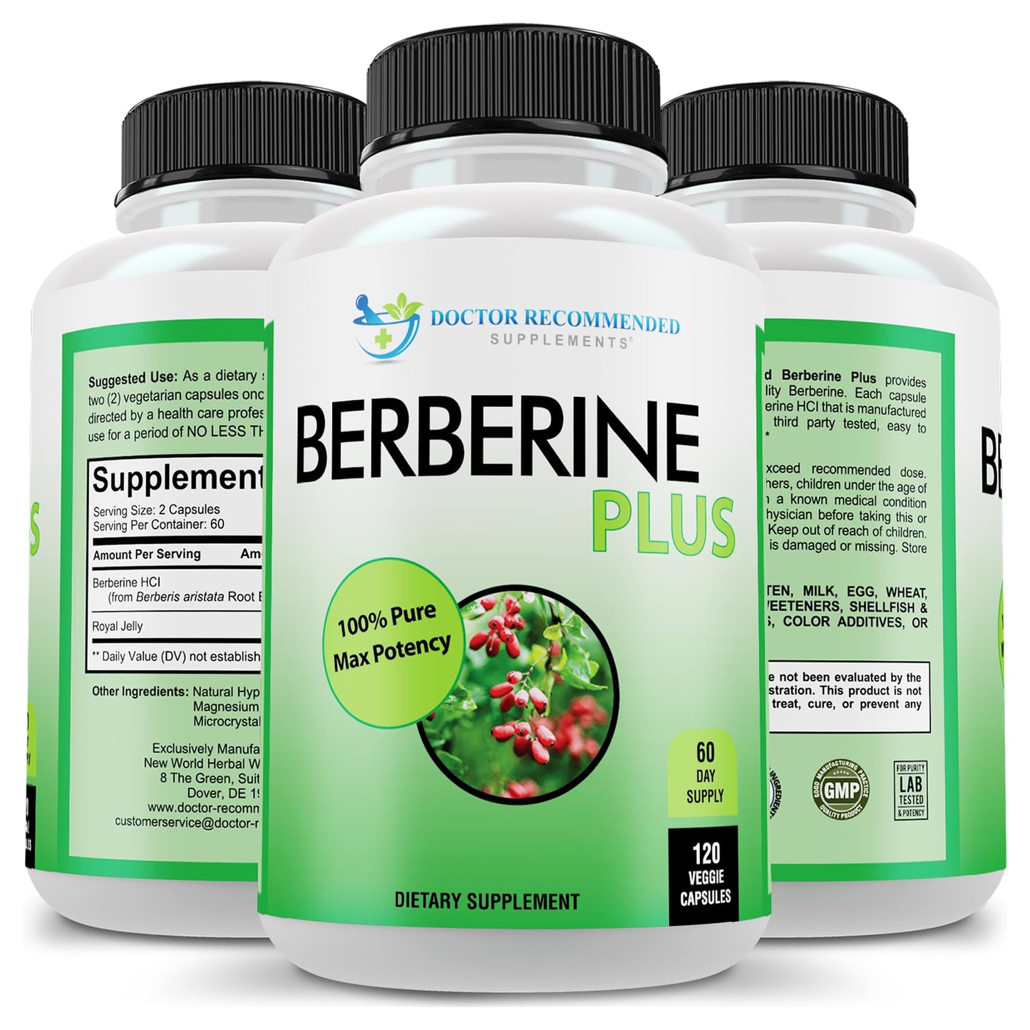 Doctor Recommended Berberine Plus 1200mg Per Serving – 120 Veggie Capsules with Royal Jelly
