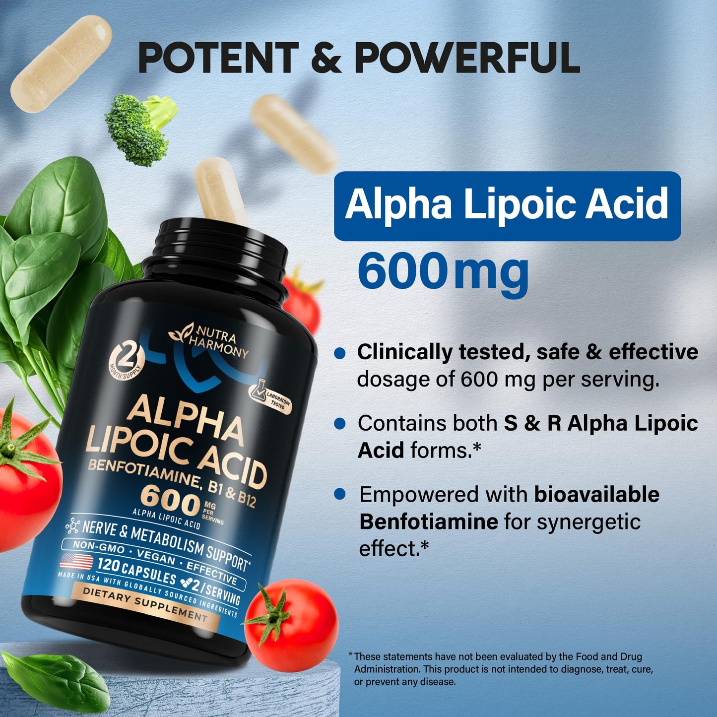 Alpha Lipoic Acid 600mg - ALA for Nerve & Energy Support | 120 Capsules