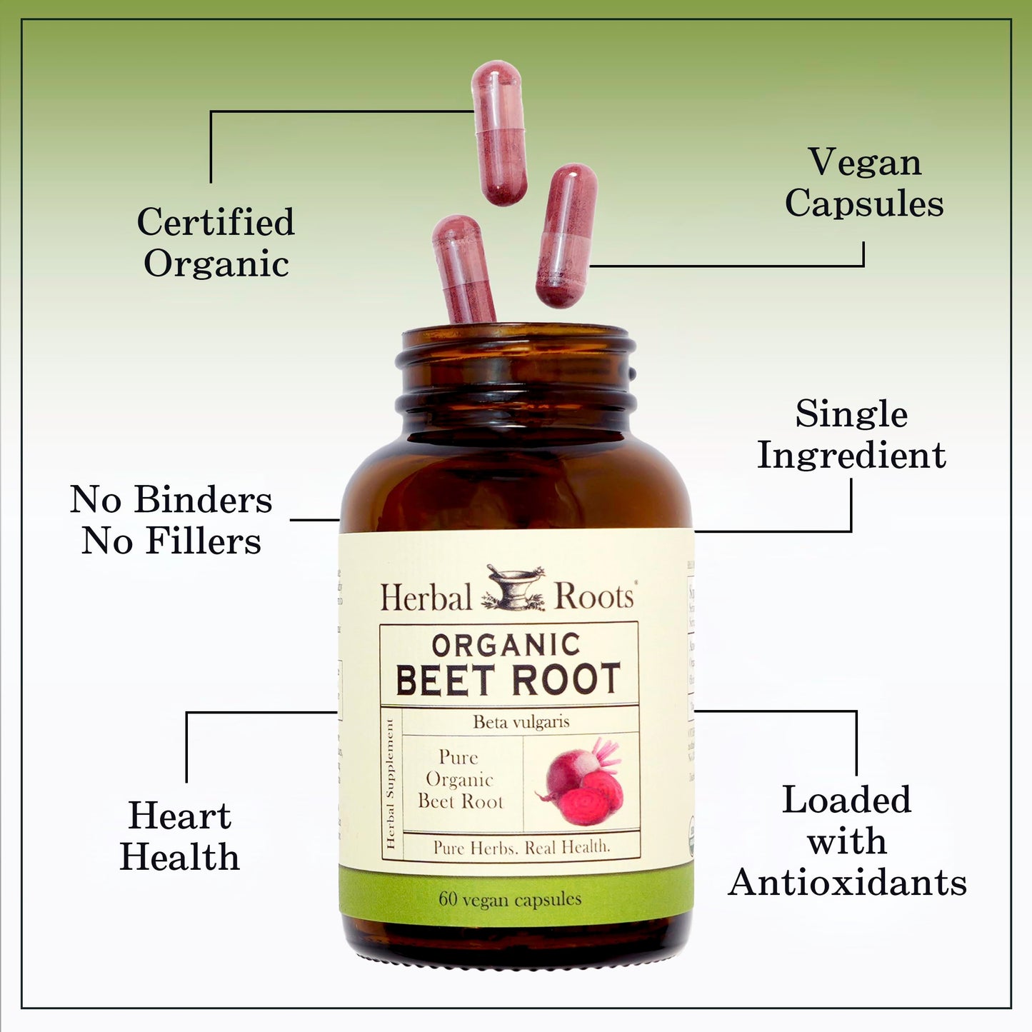 Herbal Roots Organic Beet Root Powder Capsules - 1,500mg per Serving | USDA Organic