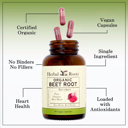 Herbal Roots Organic Beet Root Powder Capsules - 1,500mg per Serving | USDA Organic