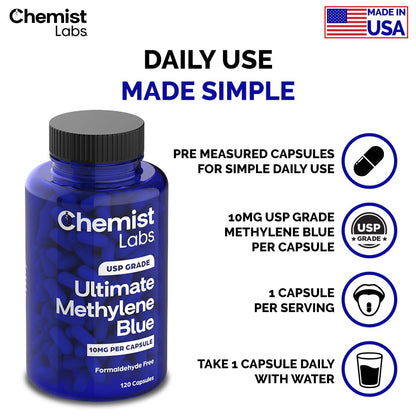 Chemist Labs Methylene Blue Capsules – USP Grade 99% Purity, Made in USA (120 Count)