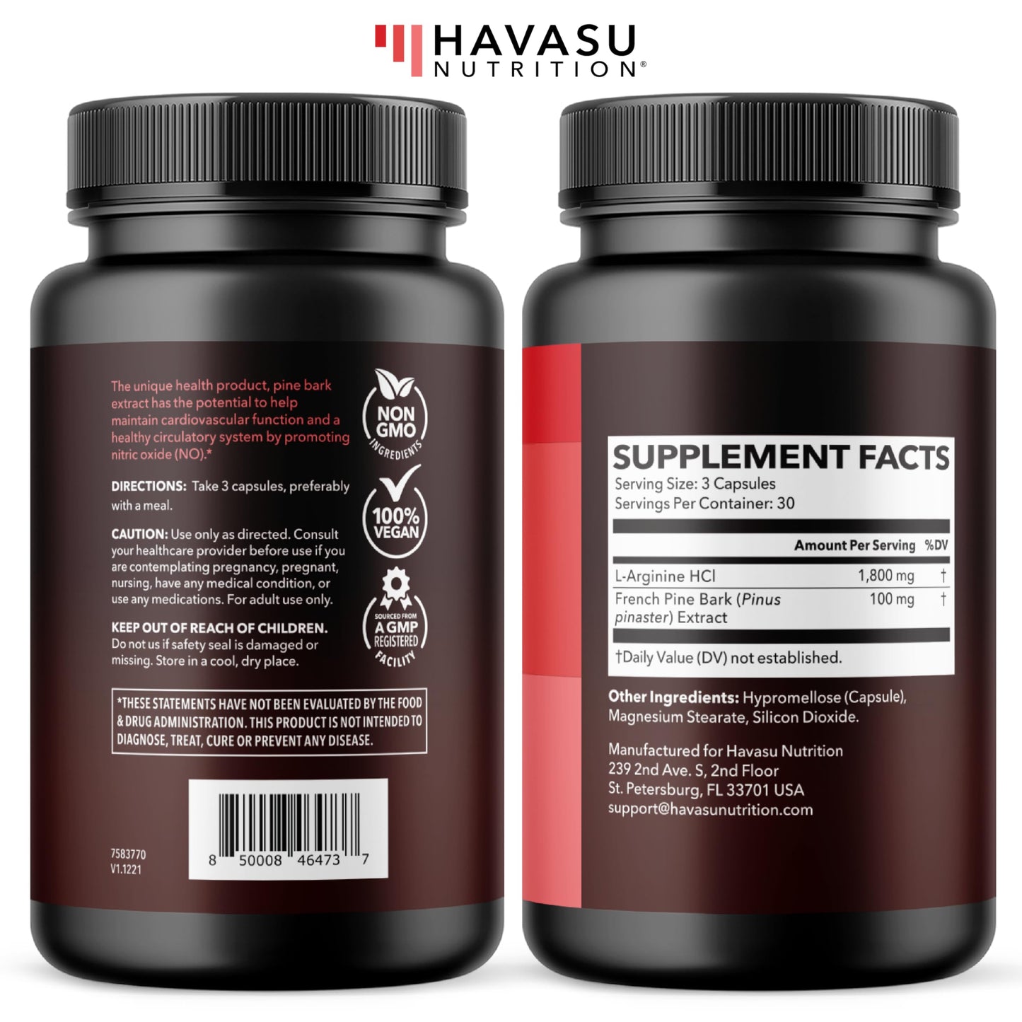 L-Arginine 1800mg & Pine Bark 100mg – Nitric Oxide for Men (90 Count)