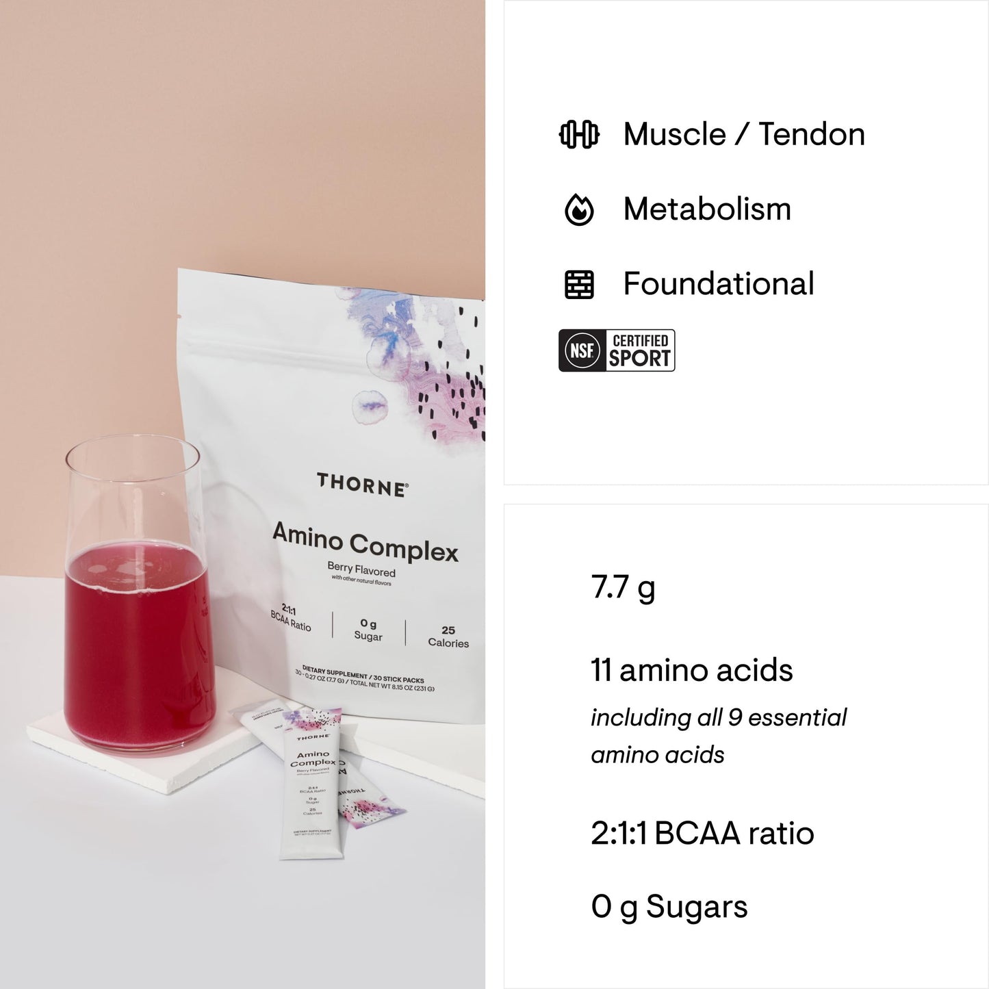 THORNE Amino Complex – Clinically Validated EAA & BCAA Powder for Pre/Post-Workout | NSF Certified for Sport | 30 Servings | Berry