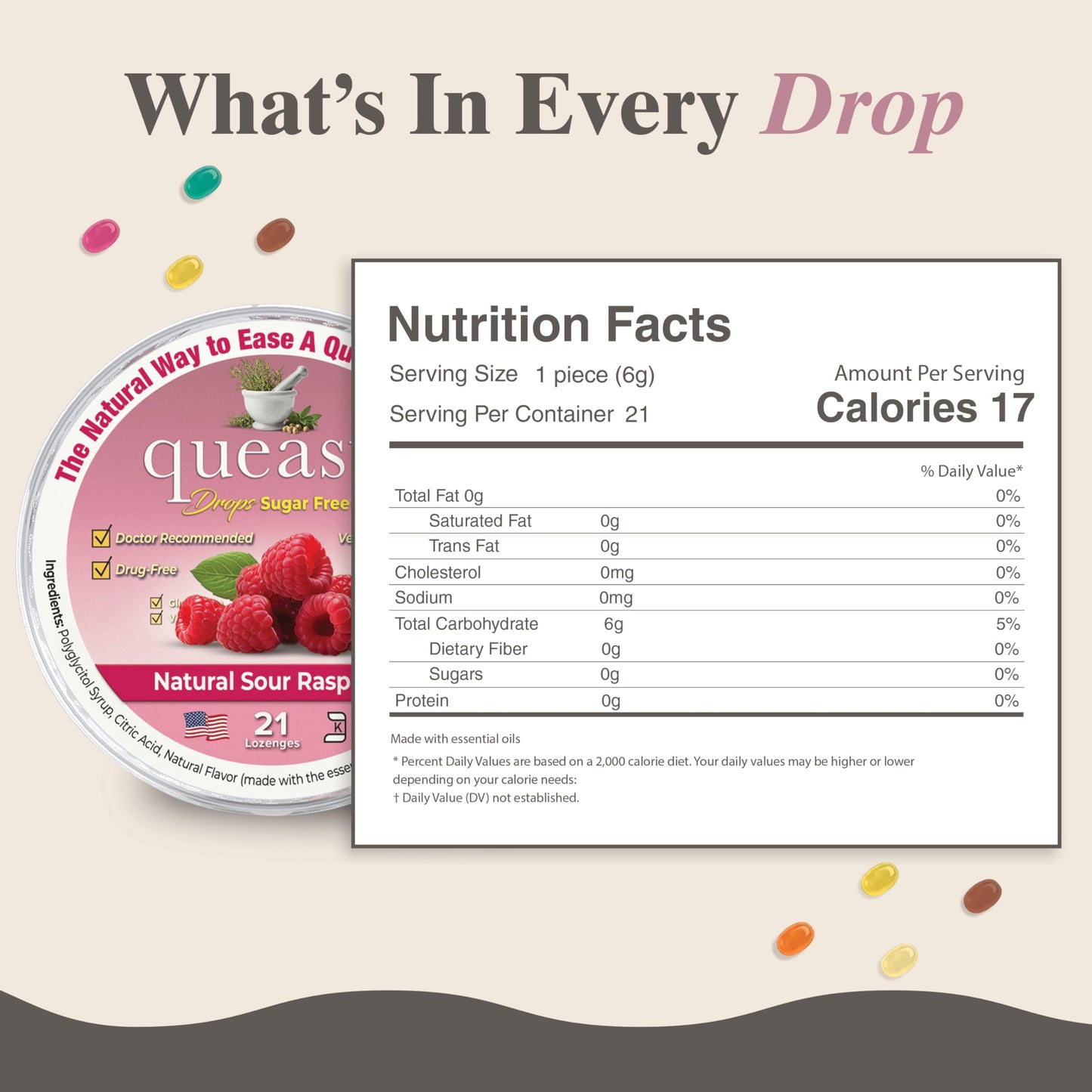 Three Lollies Queasy Drops Sugar Free - Natural Sour Raspberry, Nausea & Travel Support (21ct)