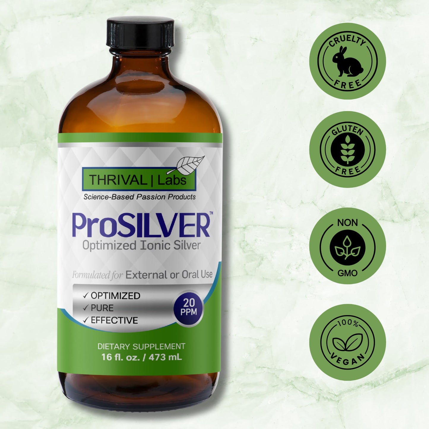 Thrival Labs Ionic Colloidal Silver 20 PPM – 16oz Glass Bottle | Immune Support